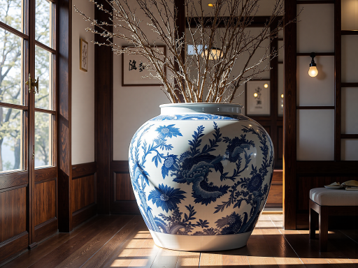 精美的手工陶瓷花瓶，带有传统蓝色花纹装饰，白色底色，温暖室内光线