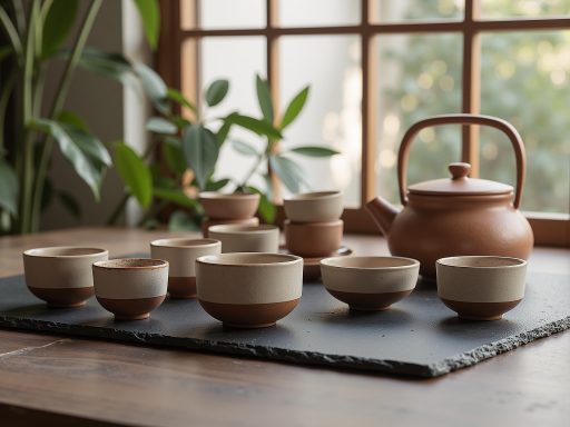 手工陶器茶具套装，古朴造型，釉面光滑，米色为主色调，搭配竹制托盘