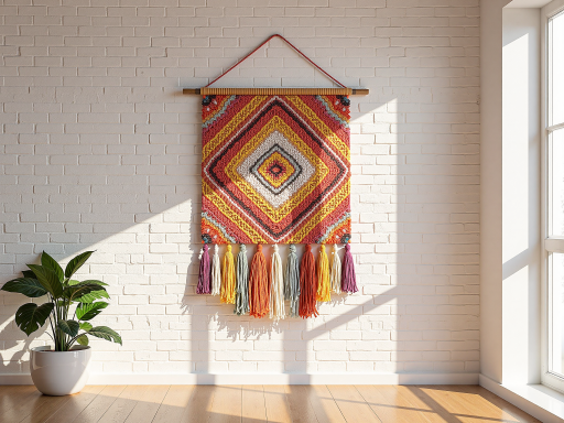 手工编织的彩色地毯，几何图案设计，红色蓝色黄色搭配，铺在木质地板上