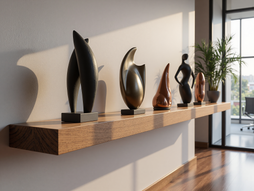 手工雕刻木雕摆件，抽象艺术造型，深色木材纹理清晰，展示在白色台面上